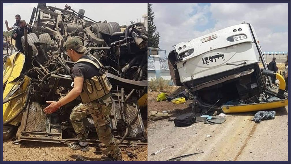 الصور الأولى لتفجير حافلة مبيت للفيلق الخامس في بلدة كحيل في درعا