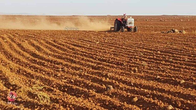 جرار زراعي يجهز الأرض لزراعتها في ريف درعا الشرقي