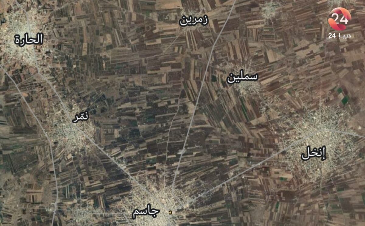 خريطة توضح جزء من مدن وبلدات المنطقة الشمالية من محافظة درعا.