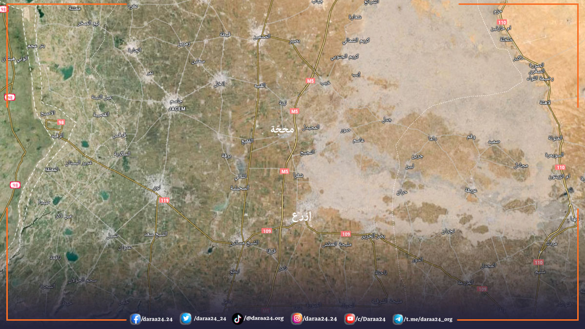 خريطة توضح الطريق بين بلدة محجة ومدينة ازرع
