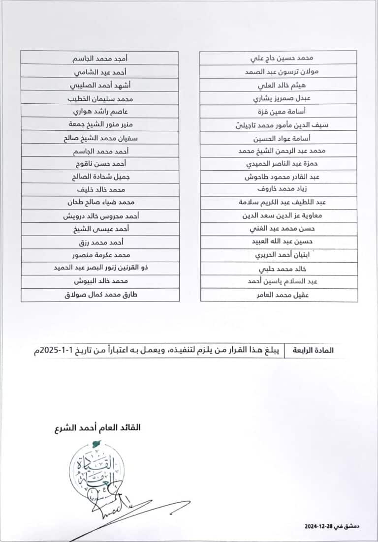 قرار الترفيعات صادر من رئيس العمليات العسكرية أحمد الشرع