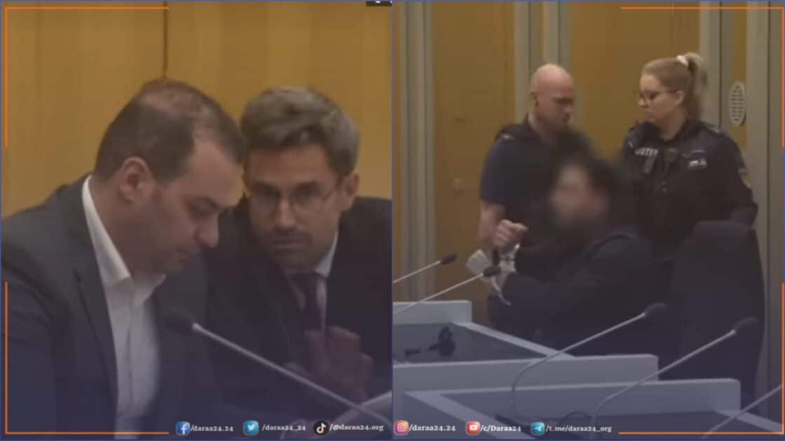محكمة ألمانيا تصدر حكماً بالسجن المؤبد بحق أحد عناصر ميليشيا حزب الله 49 من داخل المحكمة الألمانية حيث يظهر المتهم مكبل اليدين، والصورة الأخرى للدكتور محمد العيسى