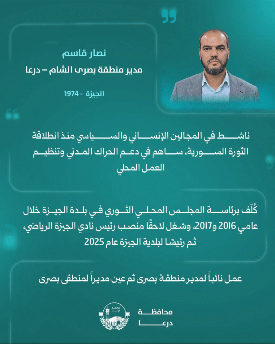 تعيين السيد نصار القاسم مديرًا لمنطقة بصرى الشام