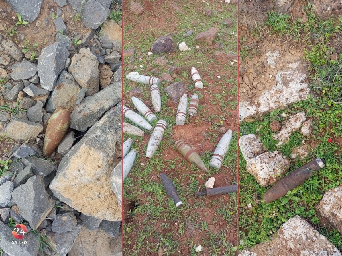 كميات من الذخائر غير المنفجرة من مخلفات الحرب في محيط مستودعات “الكم” قرب بلدة محجة في ريف درعا الشمالي