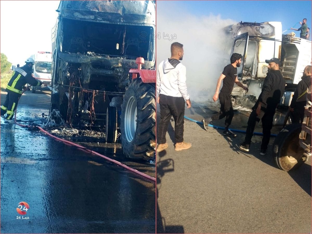 احتراق سيارة أردنية على طريق دمشق–درعا الدولي