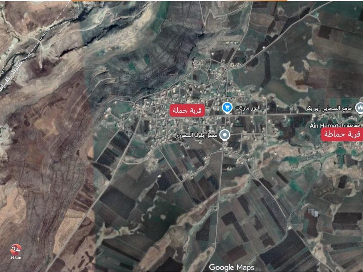 خريطة تُظهر قريتي جملة وحماطة في منطقة حوض اليرموك غربي درعا