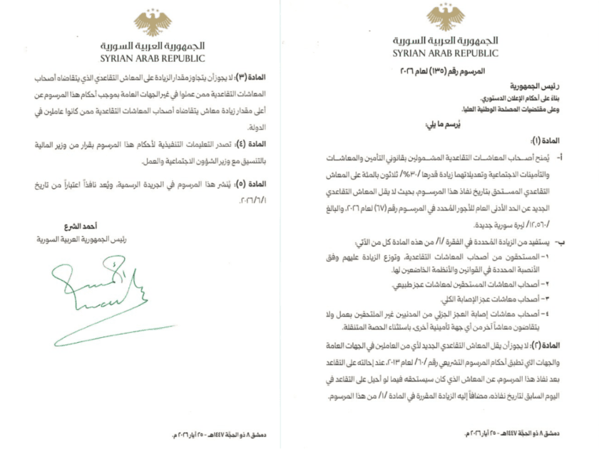 مرسوم بزيادة المعاشات التقاعدية 30%.. والحد الأدنى للمعاش 12560 ليرة 2 مرسوم بزيادة المعاشات التقاعدية 30%..